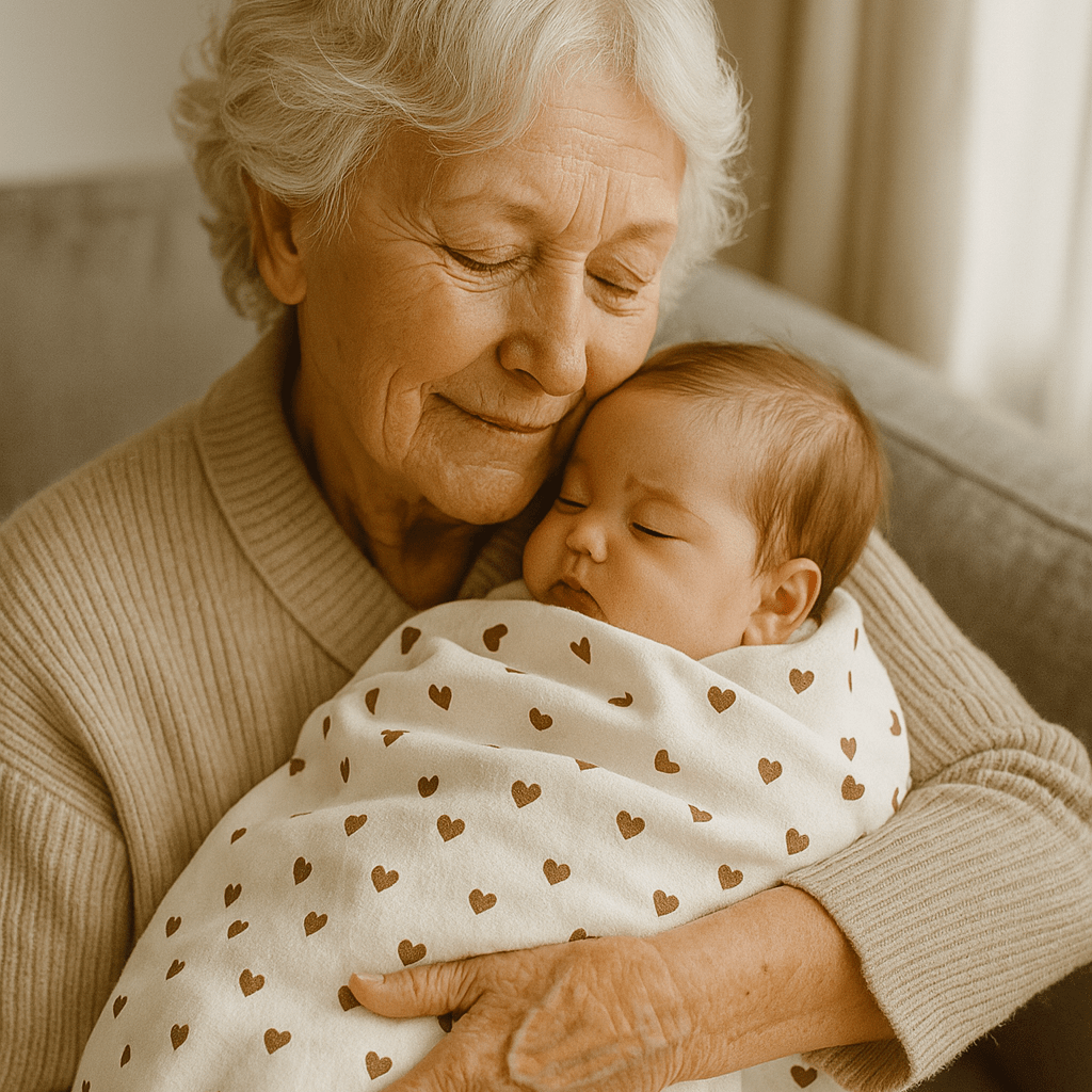 Une grand-mère qui endors son petit-fils dans le couverture bébé