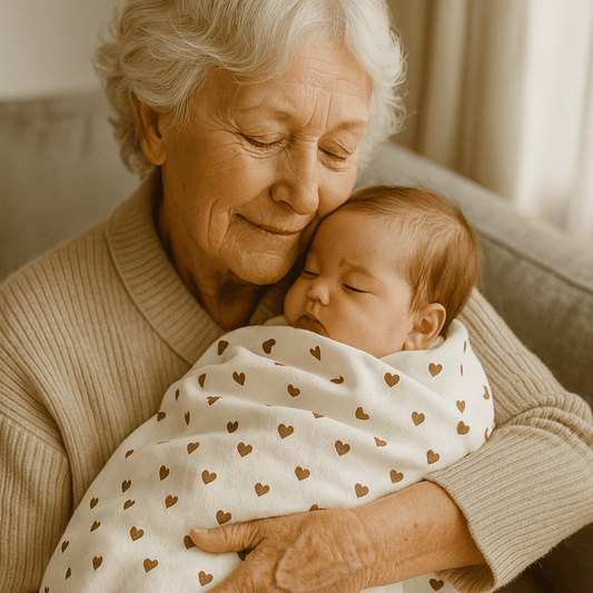 Une grand-mère qui endors son petit-fils dans le couverture bébé