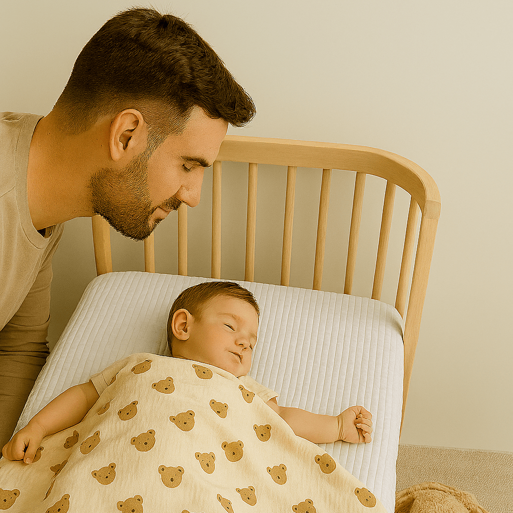 papa admire bébé dormir avec sa couverture bébé