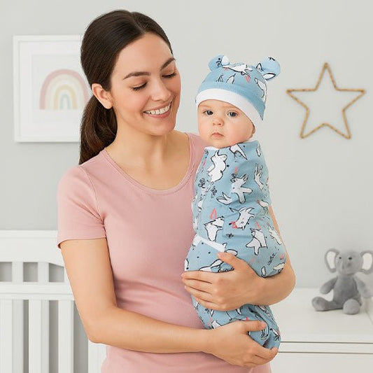 Maman tiens bébé dans couverture d'emmaillotage bleu