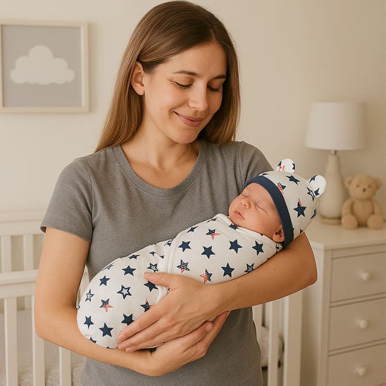 Maman tiens bébé dans couverture d'emmaillotage étoilé