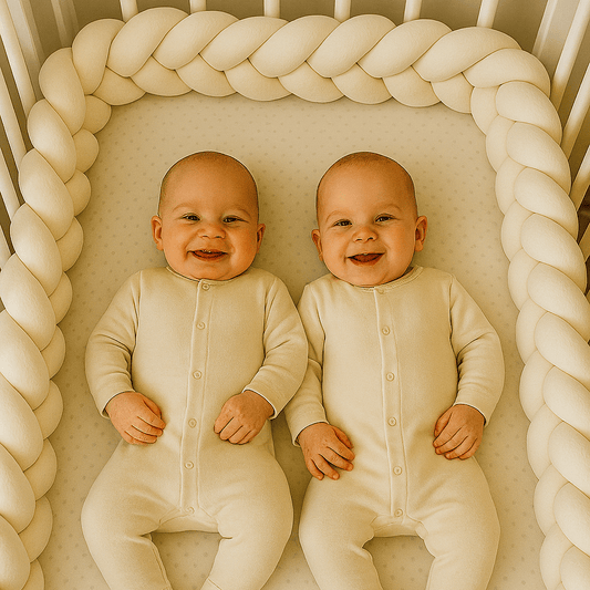 Jumeaux dans berceau avec un tour de lit bebe tressé blanc