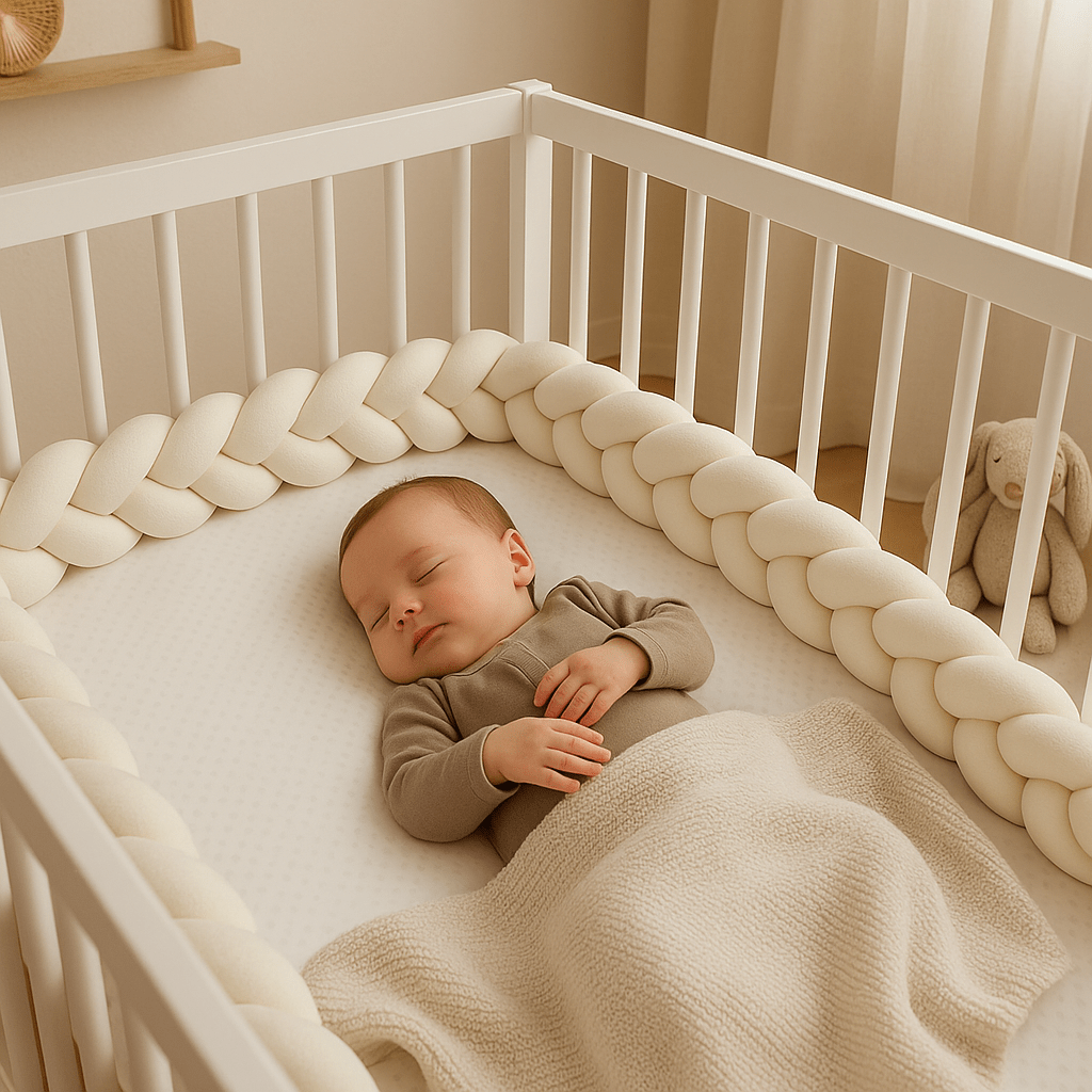 Bébé fais la sieste dans un berceau avec un tour de lit bebe tresse blanc