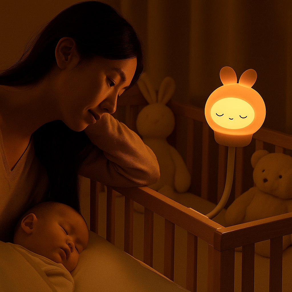 Veilleuse bébé - SweetDream - lapin magique et maman qui regarde bébé dormir