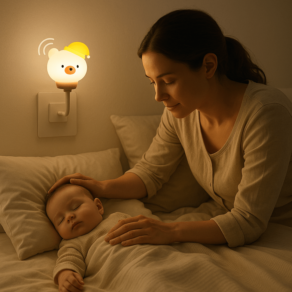 Maman endors bébé avec la veilleuse bébé allumé