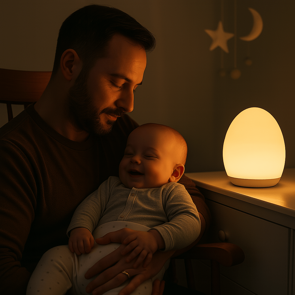 Papa endors bébé avec la veilleuse allumé