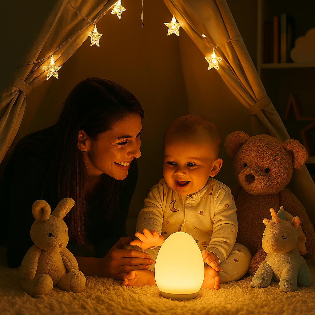 Maman et bébé regarde la veilleuse en souriant
