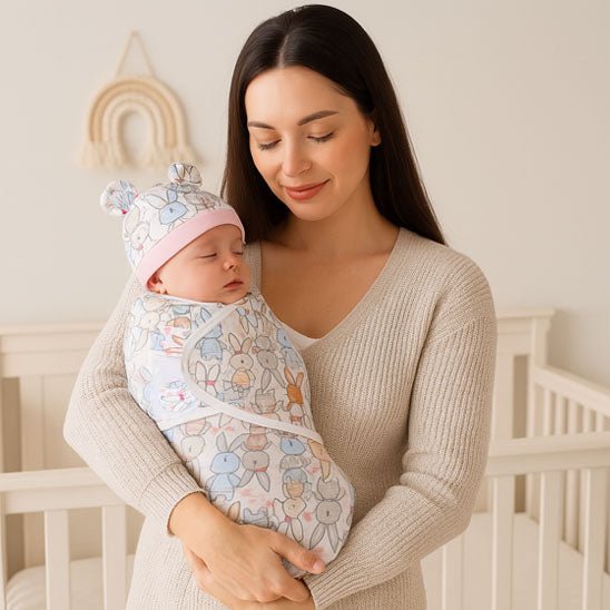Maman tiens bébé dans couverture d'emmaillotage motif lapin
