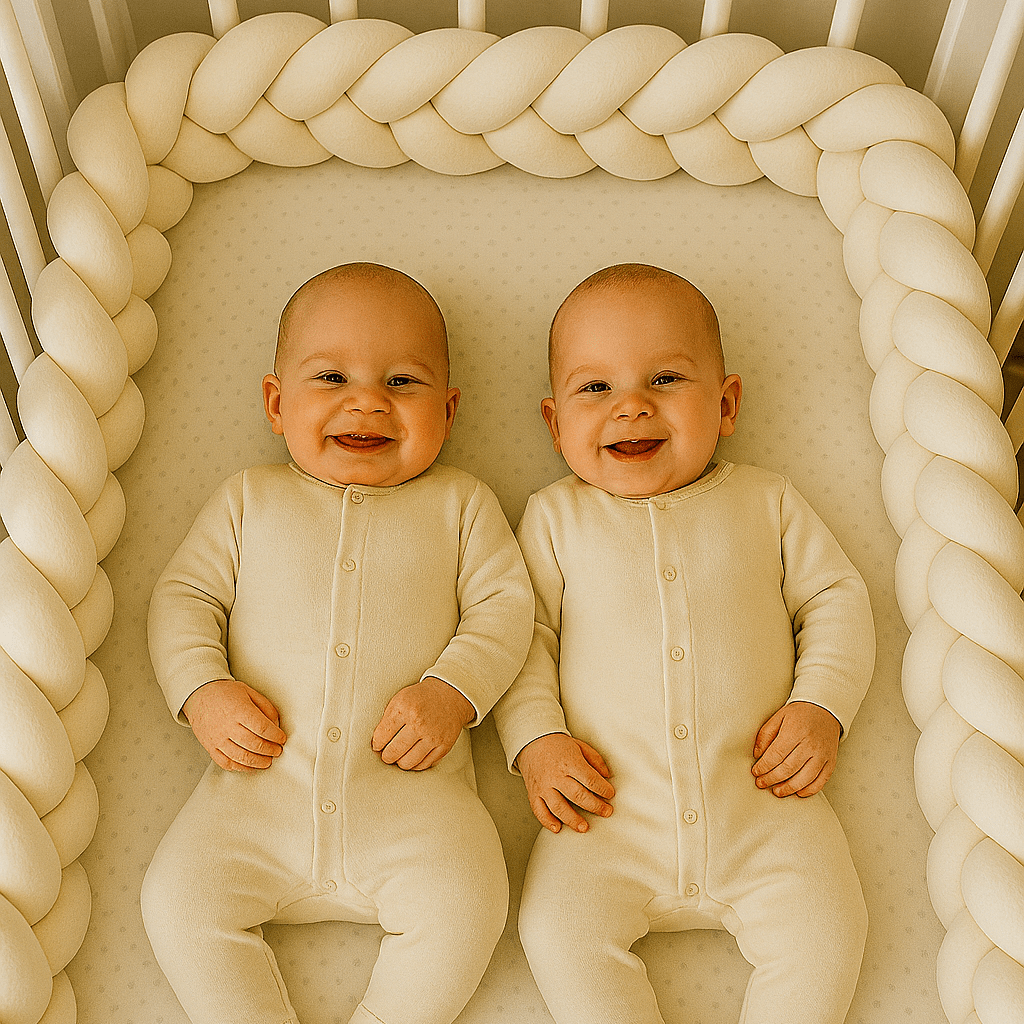 Jumeaux dans berceau avec un tour de lit bebe tressé blanc
