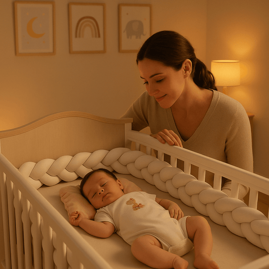 Maman regarde bébé dormir dans son lit à barreaux avec un tour de lit tressé blanc