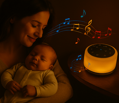 Maman endors bébé en écoutant le son de la veilleuse bruit blanc