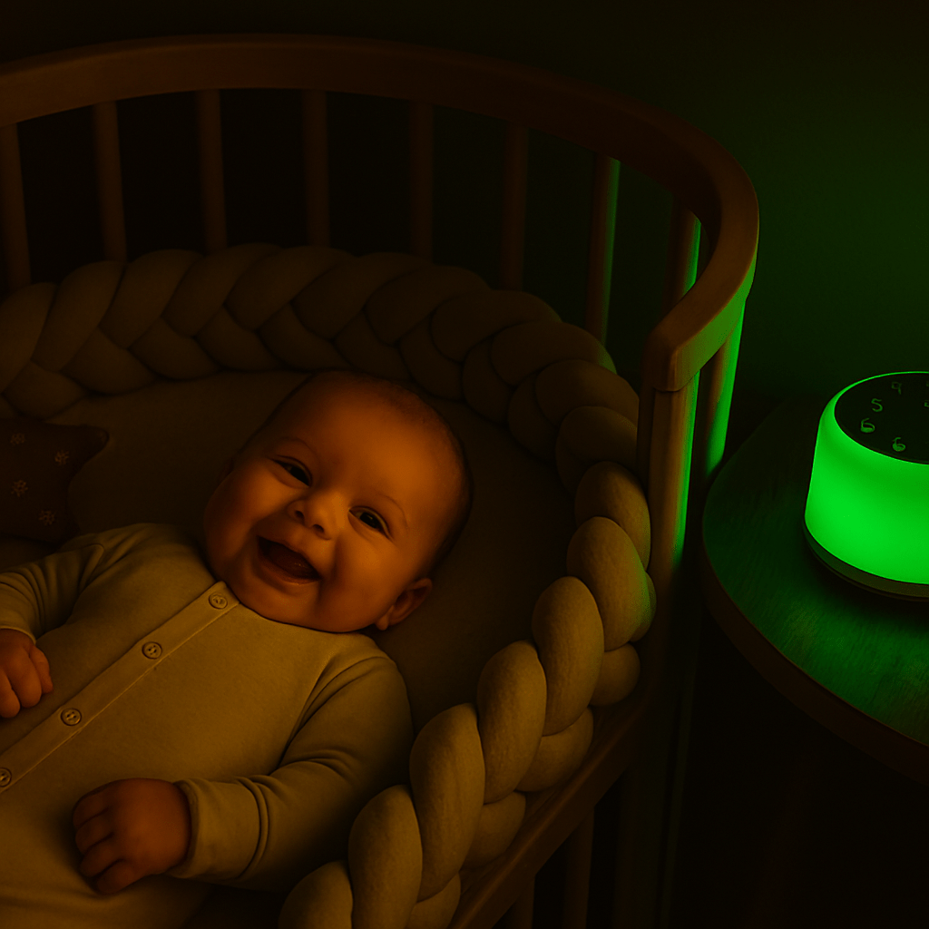 Bébé souriant près à faire dodo avec sa veilleuse bruit blanc
