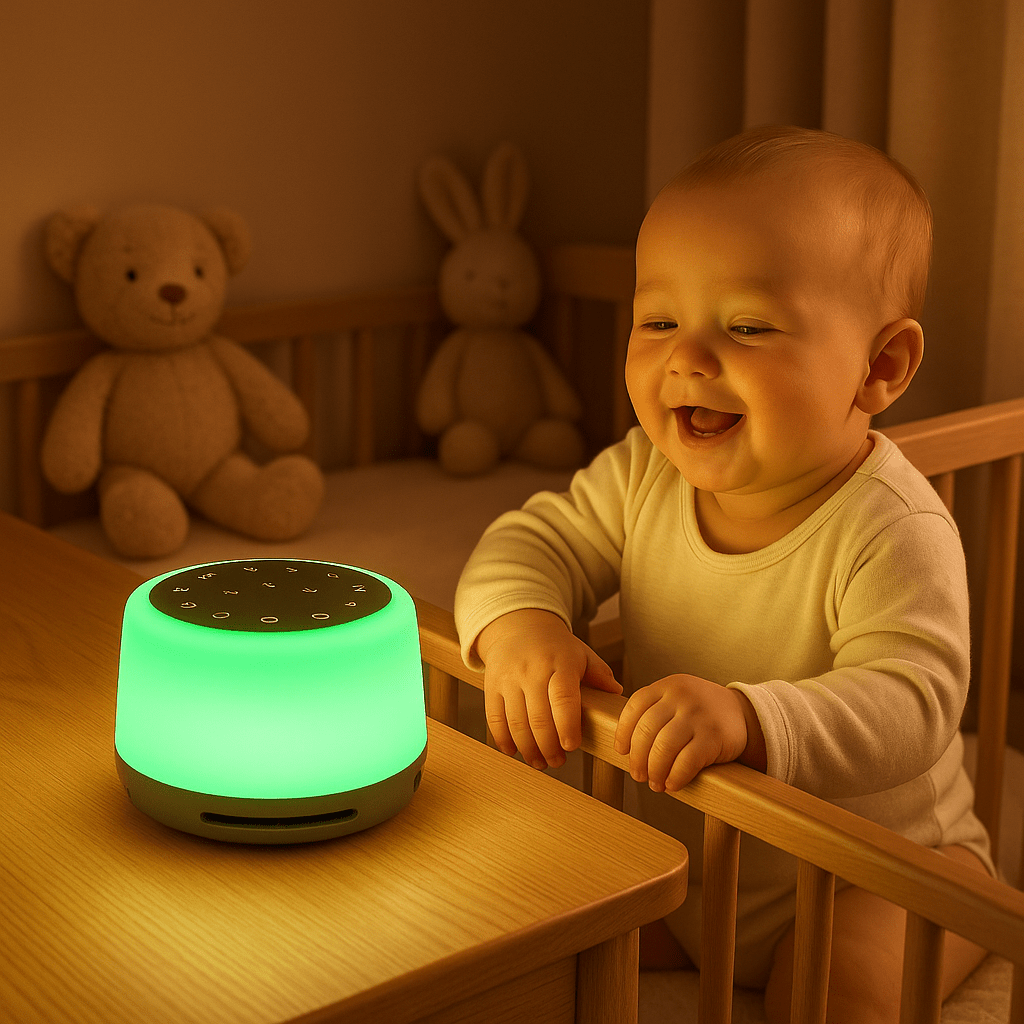 Bébé souriant en regardant une veilleuse bruit blanc