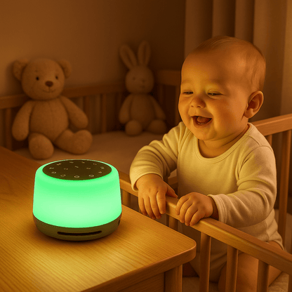 Bébé souriant en regardant une veilleuse bruit blanc