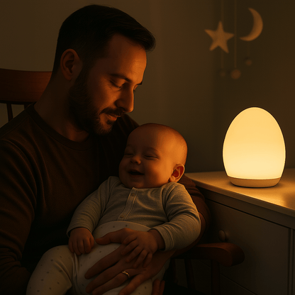 Papa endors bébé avec la veilleuse allumé