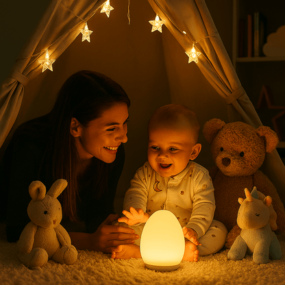 Maman et bébé regarde la veilleuse en souriant